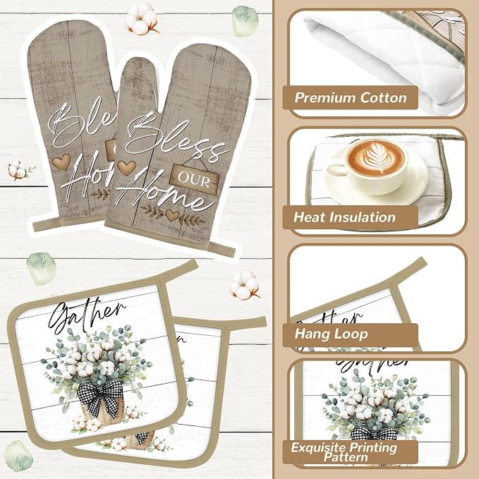 Fourluoo 10 Pcs Farmhouse Eucalyptus Leaves Kitchen Decor Set Bless Our Home Towels Rugs Oven Mitts and Pot Holders Set for Cooking Baking Grilling Gift
