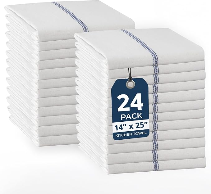 LANE LINEN Kitchen Towel Set - 24 Pack 100% Natural Cotton Absorbent Dish Towels for Kitchen, Reusable Wash Cloths, Machine Washable Hand Cloth, 14"x25", Soft & Durable - Blue Stripe
