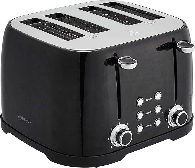 Amazon Basics 4 Slice Toaster with 4 Slots, 6 Browning Settings, Defrost, Removable Crumb Tray, Bagel Function, Cancel Button, 1600W, Black