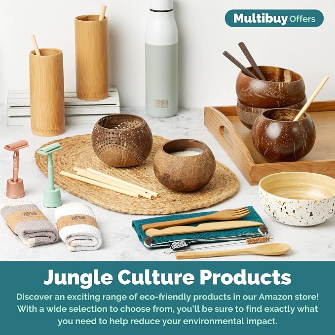 Jungle Culture 4 Polished Coconut Bowl & Wooden Spoons Set with Bamboo Straws • Smoothie Bowls Ideal for Ninja Creami • Healthy Yoghurt & Acai Bowls • Natural Coco Shell Eco Friendly Vegan Gifts