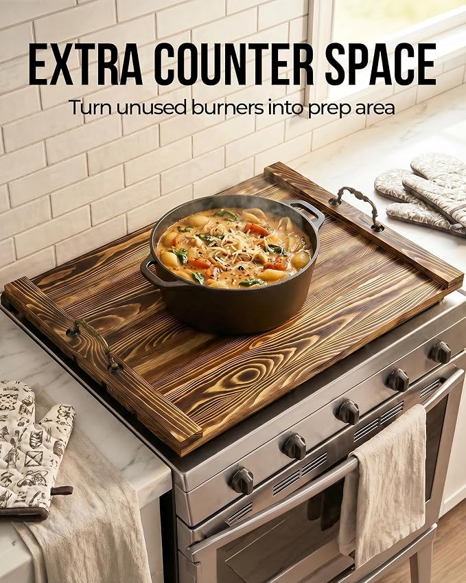 Natural Wood Noodle Board Stove Cover, Wooden Stove Top Cover for Electric and Gas Stove, Decorative Rustic Kitchen Serving Tray