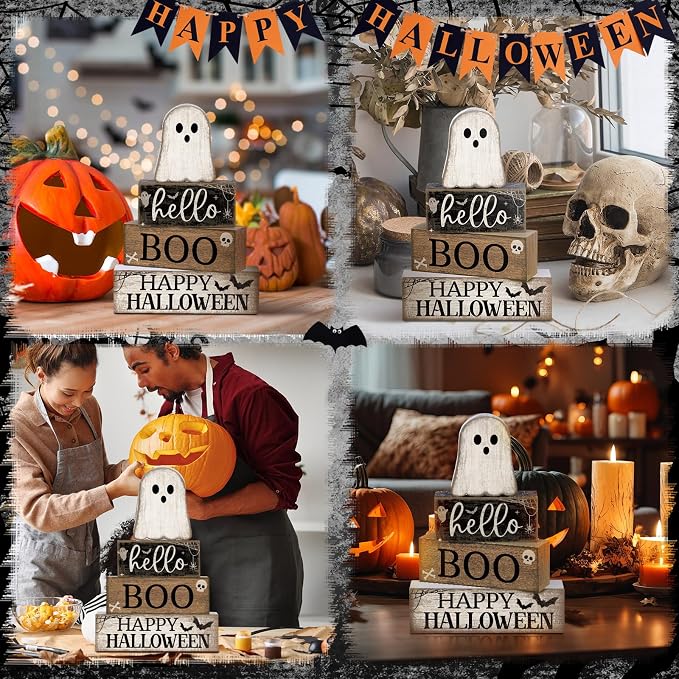 Lineshading 4 Pcs Halloween Table Decor Surprised Ghost Tiered Tray Decor | Stacked Blocks with Ghost, Rustic Wood, For Tabletop Shelf Mantel, Halloween Farmhouse Home Styling, Gift Ready