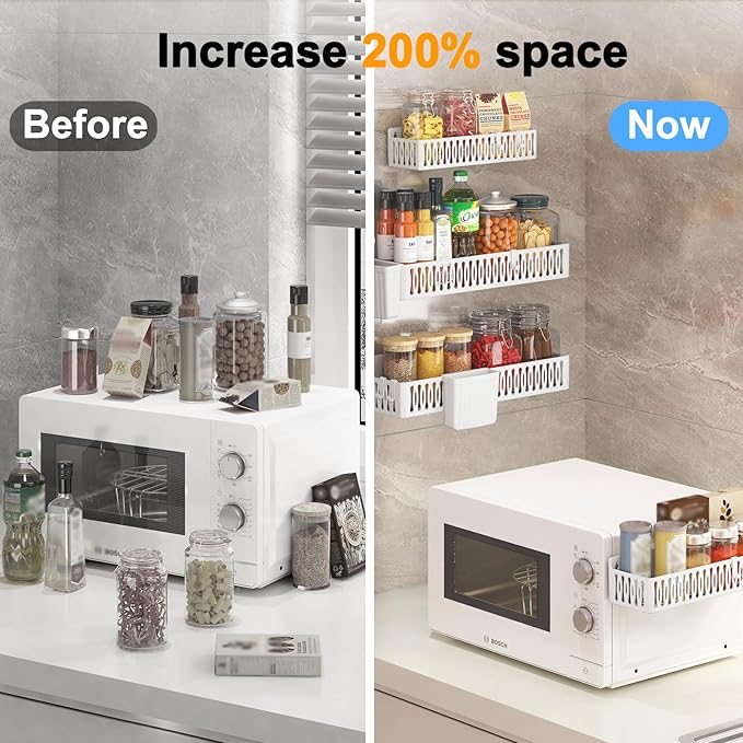 4-Pack Magnetic Spice Rack for Refrigerator with Hooks, White | Strong multipurpose magnetic shelf for kitchen & bathroom organization. Includes 4 removable hooks for hanging items.