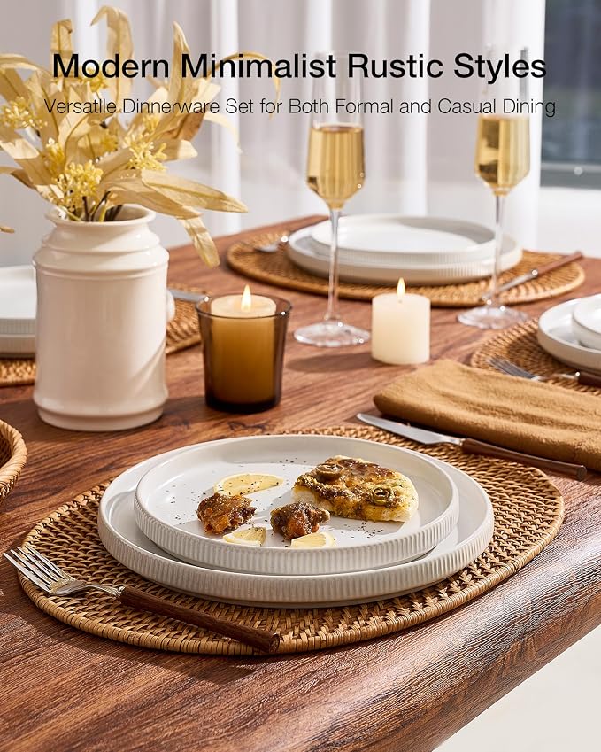 Famiware Star 12pc Stoneware Dinnerware Sets for 6-10.5" & 8" Flat Plates | Ceramic Dishes with Llipped Edges, Chip & Scratch Resistant, Microwave & Dishwasher Safe, Everyday Dining, Cappuccino White