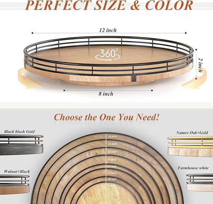 AMH 12-Inch Farmhouse Oak Lazy Susan Organizer | Smooth rotating oak tray with walnut finish for dining tables, kitchen counters, pantries and cabinet storage.