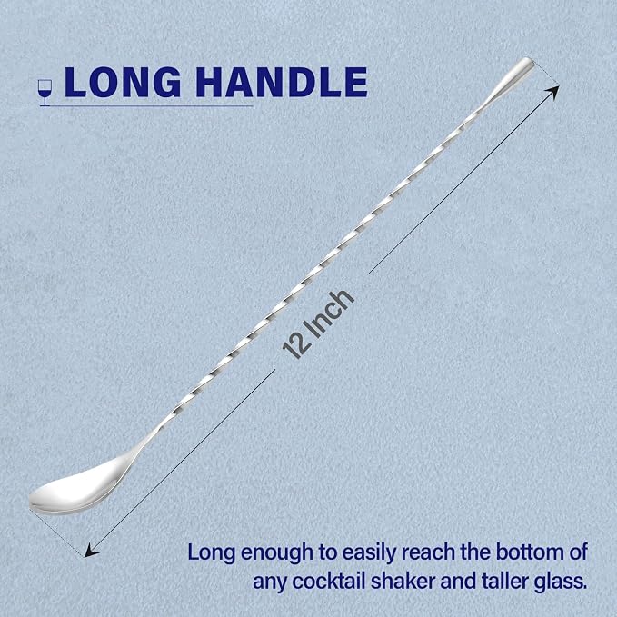 Bar Spoon Cocktail Mixing Stirrers, 4Pcs, 12” Long Handle, Silver | 18/8 Stainless Steel, Long Drink Spoons, for Stirring Coffee & Cocktails