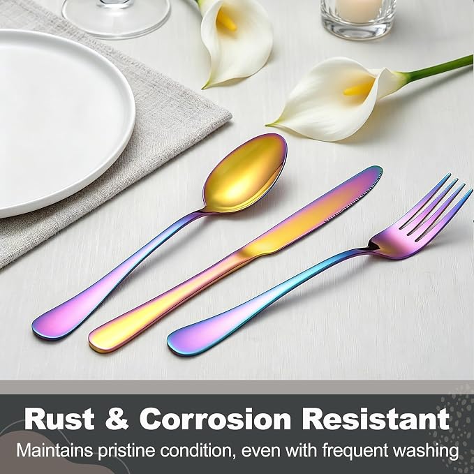 Runfly 60-Piece Rainbow Flatware Set, Stainless Steel Cutlery Set for 12 | Mirror Polished Durable Utensil Set Includes Knife Fork Spoon for Home Kitchen Restaurant Tableware