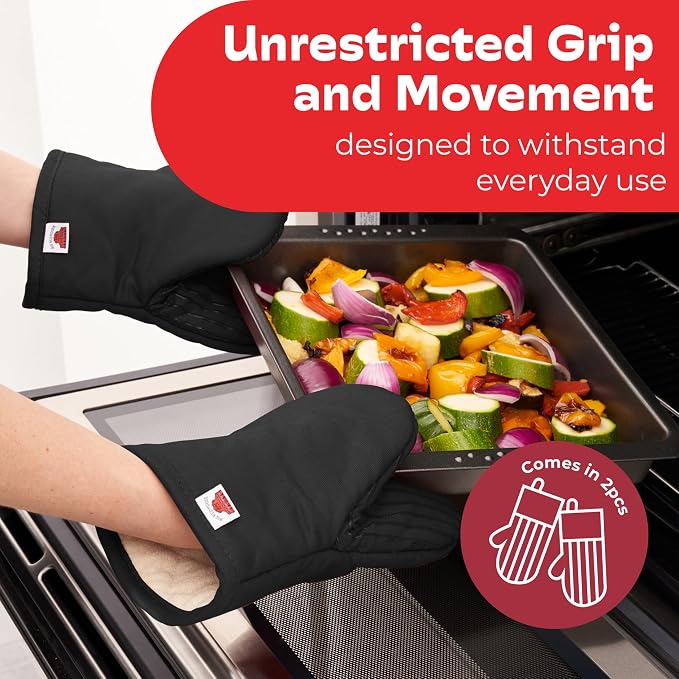 Silicone Mini Oven Mitts - Black Set of 2 - Heat Resistant to 536 F / 280 C Kitchen Gloves Professional Grade Pot Holders for Cooking Baking