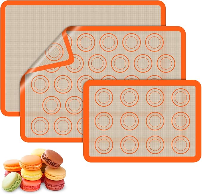Macaron Silicone Baking Mats, Nonstick & Reusable, 3 PCS | 2 Half Sheets and 1 Quarter Sheet Mat, Easy to Clean, Silicone Macaroon Mat for Cookie, Orange