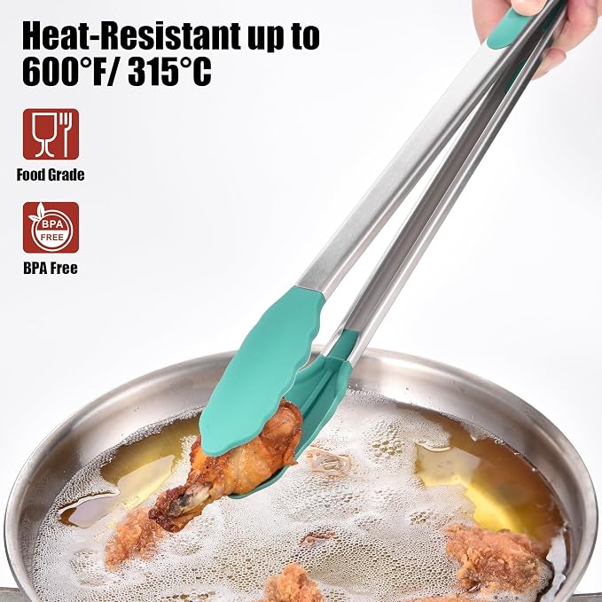 Doosu Kitchen Tongs with Silicone Tips for Cooking Serving (16in, Aqua Sky) | 600°F Heat Resistant Food Tong, Heavy Duty Stainless Steel Locking Tong for BBQ, Grilling Steak, Salad, Toast, Pasta