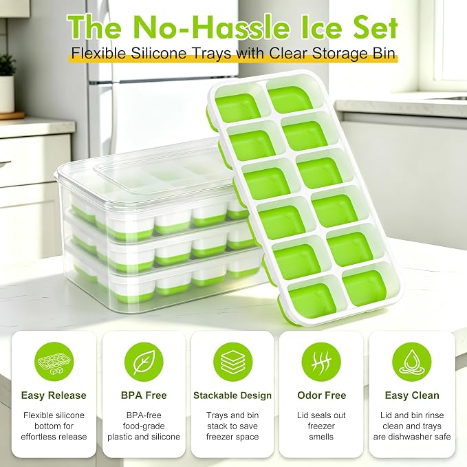 Ice Cube Tray with Lid and Bin - 4 Pack Molds Space-Saving Ice Bucket Kit | Stackable Silicone Trays for Freezer, for Whiskey, Cocktails, Coffee, Juice, Soda, Kitchen & RV