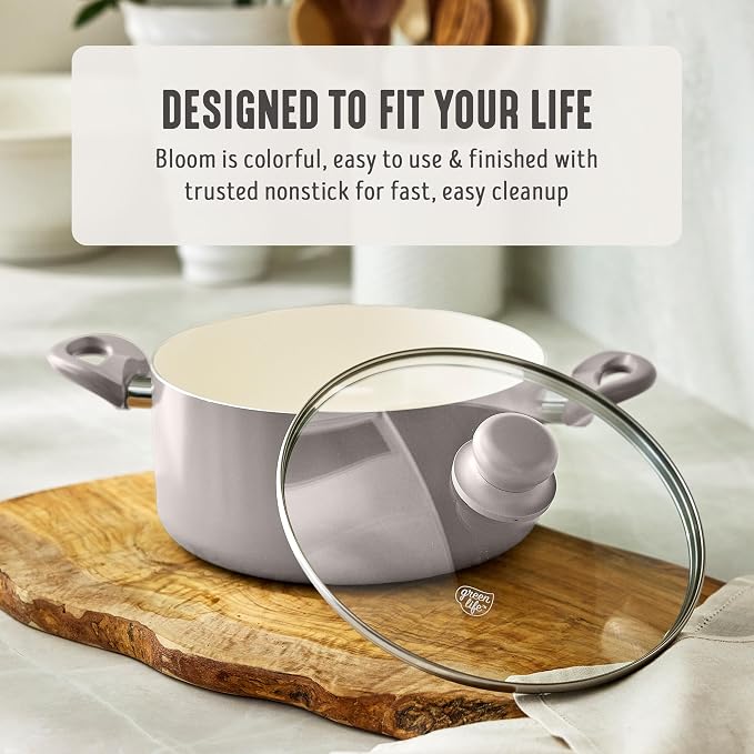 GreenLife 5QT Ceramic Nonstick Stockpot with Lid, Light Gray | PFAS-Free Nonstick Coating, Casserole Pot, Soup Pot, Pasta Pot, Induction Ready, All Stovetop Compatible, Dishwasher Safe