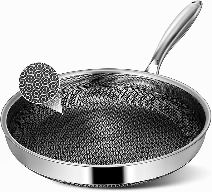 Frying Pans, 12-inch Hybrid Frying Pans Stainless Steel Skillets, Dishwasher & Oven-Safe, Stay-Cool Handle, PFOA Free Cookware, Compatible with All Cooktops