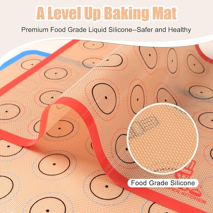 Silicone Baking Mat Macaron Set of 3-2 Half Sheet Liners 1 Quarter Sheet | Non Stick Silicon Cookie Oven Liner For Macaroons, Bake Pans, Pizza, Toaster, Cake and Bread Making (Red,Blue,Gray)