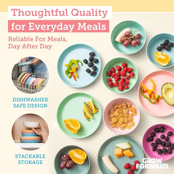Grow Forward Bamboo Kids Plates and Bowls Sets - 8-Piece Dishwasher Safe Non Toxic Plates for Kids - Reusable Eco Friendly BPA Free Dishes Dinnerware Sets for Children - Paradise
