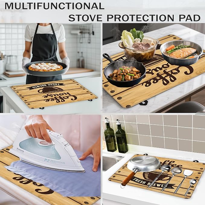 Coffee Cup Glass Top Stove Cover Protector,Rustic Wood Board Heat Resistant Stove Top Cover, Large Size Range Covers for Electric Stove Countertop Mat, 28 x 20 Inch