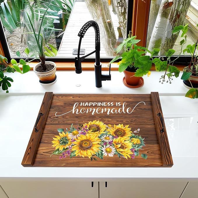 Noodle Board Stovetop Cover with Handles, Sunflower Kitchen Decor Wood Block Covers for Electric & Gas Stove, RV Stove Burner and Sink, Farmhouse Decorative Wooden Tray for Kitchen