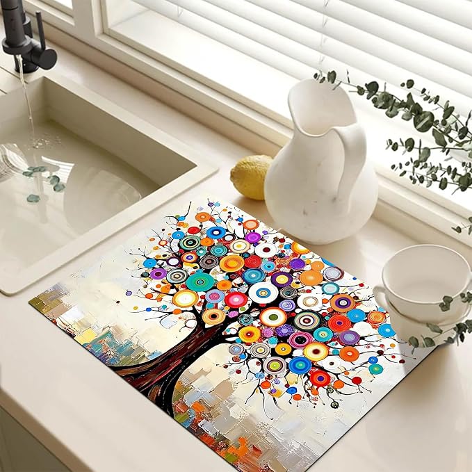 HOMETITUTE Vibrant Circle Tree Stove Top Cover 28x20 Abstract Art Mat