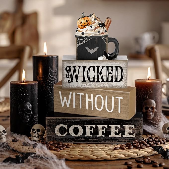 Lineshading 4 Pcs Halloween Coffee Table Decor, Gothic Black Wood Sign Home | Gothic Black Mug with Pumpkin Spider, Halloween Coffee Bar Centerpiece, Rustic Wood Stacked Sign, Holiday Kitchen Shelf Decor