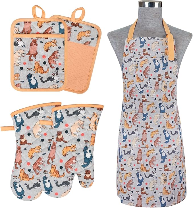 Alselo Oven Mitts and Pot Holders with Chef Apron,Kitchen Set of 5 | Heat Resistant Kitchen Gloves and Silicone Non-Slip Potholders Adjustable Neck Buckle Chef Apron, Cotton Cat Design (Cat)