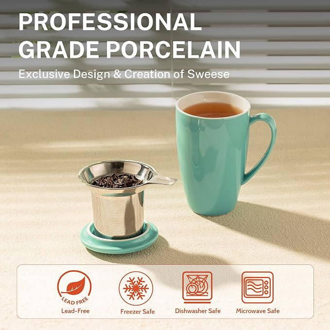 Sweese 15oz Porcelain Tea Mug with Infuser and Lid – Microwave Safe, Ergonomic Handle, Lead-Free Glaze, for Loose Leaf Tea Mint Green;