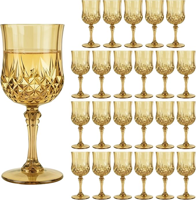 24Pack Plastic Wine Glasses, 7oz Vintage Goblets for Wedding | Unbreakable Crystal Style Reusable Stemware, Elegant Gold Drinking Glass for Party Anniversary & Holiday Celebration