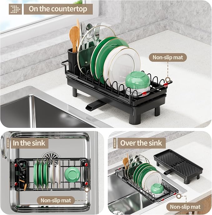 Expandable Over Sink Dish Rack, Small Dish Drying Rack with Drip Tray | Anti-Scratch Base, Space Saving Design for Kitchen Counter