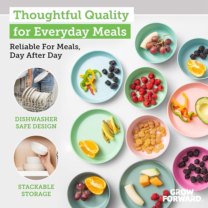 Grow Forward Bamboo Kids Plates and Bowls Sets - 8-Piece Dishwasher Safe Non Toxic Plates for Kids - Reusable Eco Friendly BPA Free Dishes Dinnerware Sets for Children - Arctic