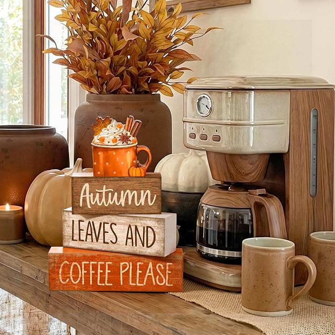 Lineshading 4 Pcs Fall Coffee Wooden Block Signs Tiered Tray Decor Autumn | Rustic Tabletop Decor for Kitchen Coffee Corner, Stackable Wooden Blocks with Autumn Leaves, Farmhouse Style Home Accent Gift