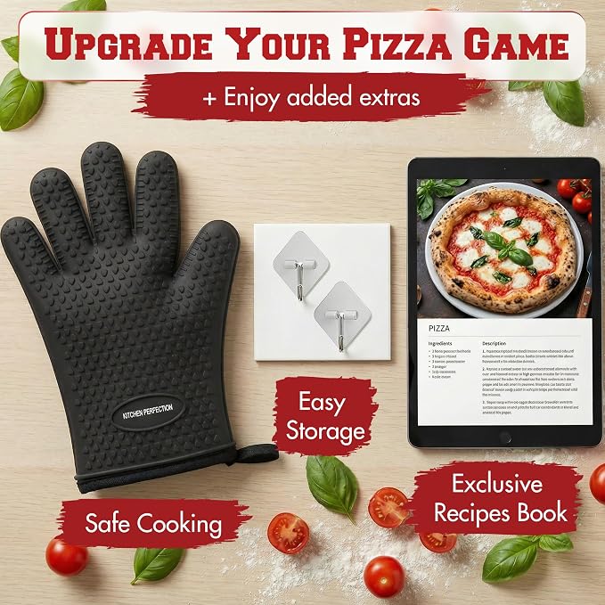 KITCHEN PERFECTION Silicone Pizza Oven Gloves - Heat Resistant Oven Mitts | Waterproof, 5-Finger Design For A Better Grip, for Outdoor & Indoor Pizza Ovens, Compatible with Ooni, Ninja, Gozney & More
