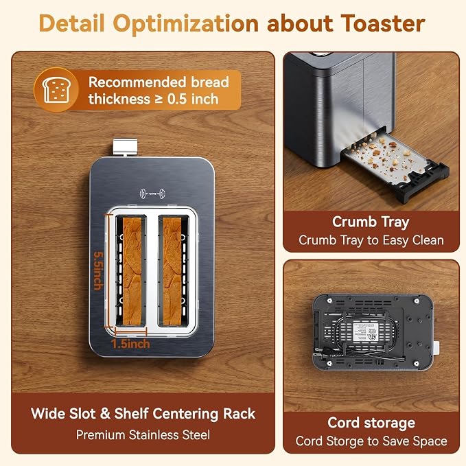 Mecity 2 Slice Toaster Smart Touchscreen, Stainless Steel Wide Slot Toasters Defrost, Reheat, Memory Function, Auto Shutoff, Digital Electric Bread Toaster for Bagel Muffin Waffle, 120V