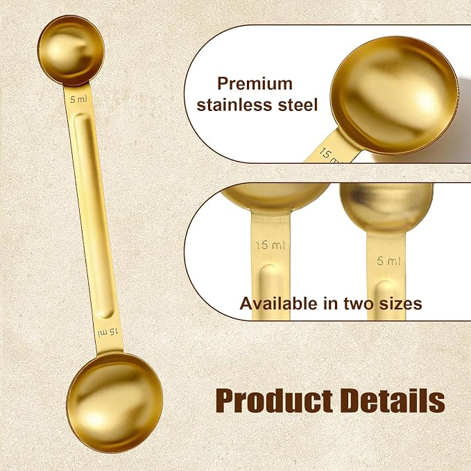 Double Sided Measuring Spoons, Stainless Steel Gold Coffee Teaspoon | 1 Tsp (5ml) & 1 Tbsp (15ml) Dual-Measure Long-Handle Tablespoon for Milk Coffee Making