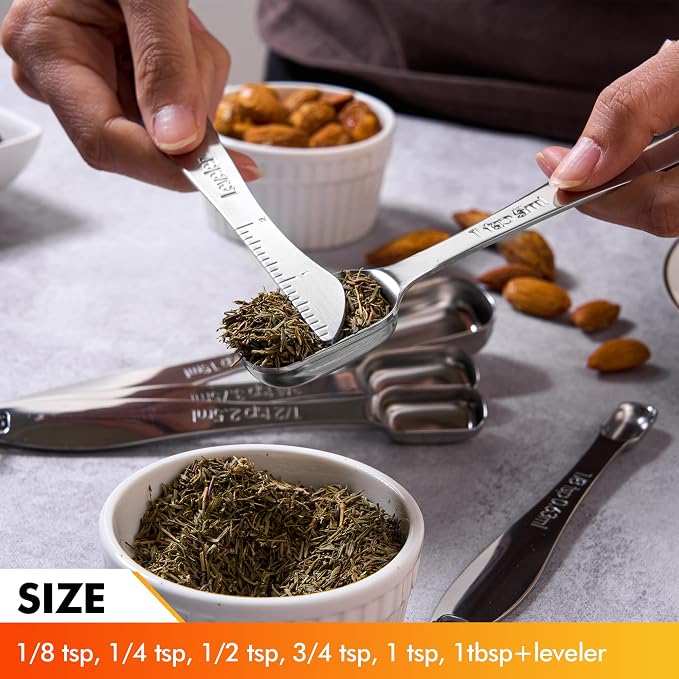 Heavy Duty Measuring Spoons Set Stainless Steel, Metal Measuring Cups and Spoons Set for Dry or Liquid, Fits in Spice Jar, Home Gadgets Kitchen Gadgets, Set of 7 Including Leveler