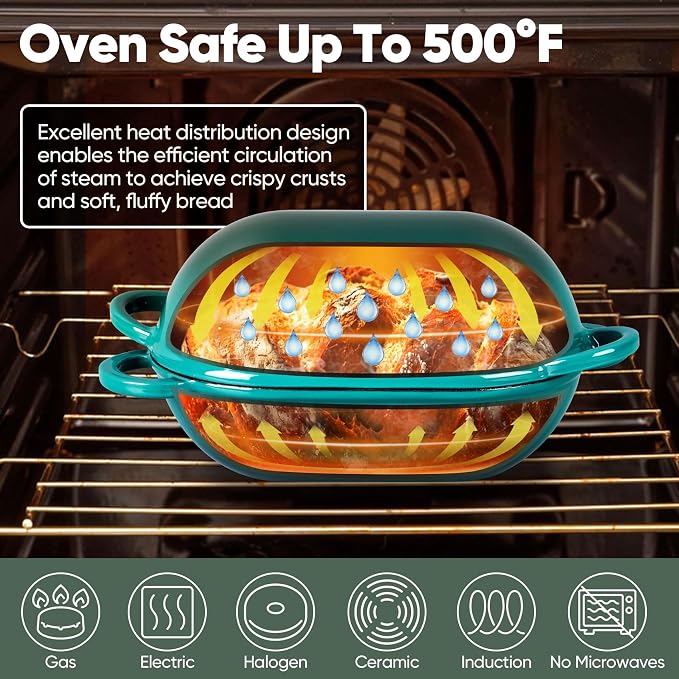 TeamFar Enameled Cast Iron Bread Loaf Pan, 2 QT Oval Dutch Oven with Lid | for Sourdough Bread Baking, Enameled Meatloaf Loaf Baking Pan with Lid, Even Heat Distribution & Self-Basting, Basil Green