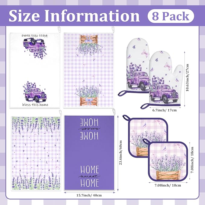 8 Pcs Lavender Spring Kitchen Towels Pot Holders and Oven Mitt Set Purple Kitchen Accessories 4 Dish Towels 2 Absorbent Square Potholders 2 Heat Resistant Glove for Cooking Baking Gift