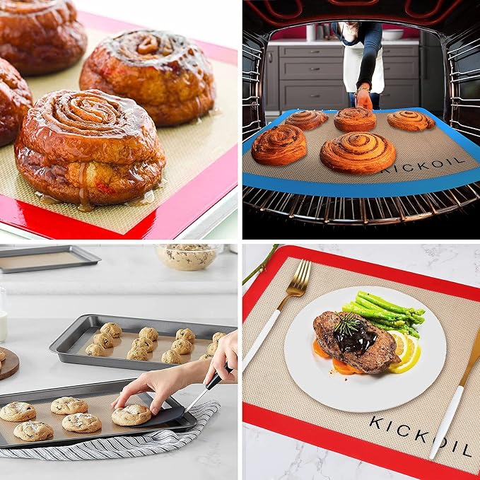Silicone Baking Mats Set of 3, Non-Stick Reusable BPA-Free Oven Liners | Non Slip Silicone Baking Sheet for Cookies, Macarons, Bread and Pastry, 16.5'' x 11.6''(2 Half) & 11.6' x 8,5''(1 Quarter)