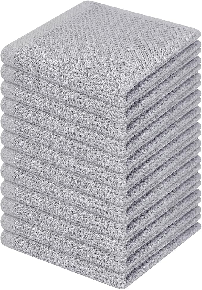 Homaxy 100% Cotton Waffle Weave Kitchen Dish Cloths 12-Pack, Light Gray | 12 x 12 Inches, Ultra Soft Absorbent Dish Towels, Quick Drying Dish Rags with Hanging Loop