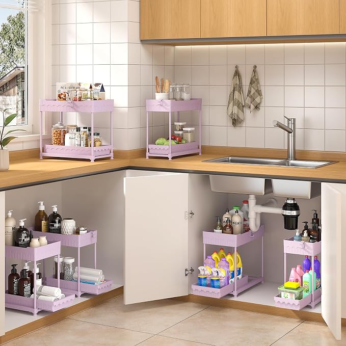 4-Pack 2-Tier Under Sink Organizer with Pull Out Drawers | Multi-use kitchen & bathroom storage. Includes hanging hooks and cups. Pink, space-saving cabinet design. 14.8 Inch