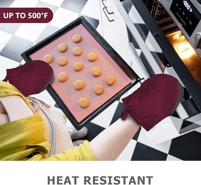 1 Pair Short Oven Mitts - Silicone Kitchen Oven Gloves High Heat Resistant 500℉, Mini Oven Mits with Non-Slip Grip Surfaces and Hanging Loop for BBQ, Baking, Cooking and Grilling (Dark Red)