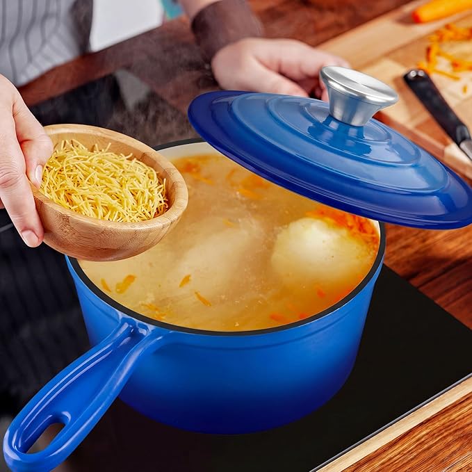 1 Quart Saucepan with Lid, Leonyo Enameled Cast Iron Dutch Oven Pot, Non Stick Small Cooking Pots Kitchen Induction Cookware for All Cooktops Cooking Pasta, Soup, Ramen - Up to 500°F, Dark Blue