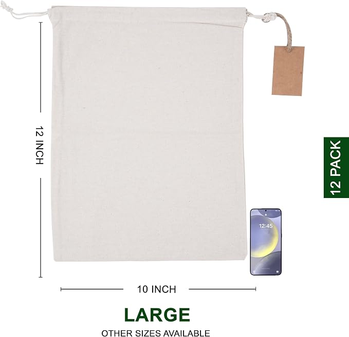 Marubhumi Cotton Storage Bags with Drawstrings Large 10x12 Inch - 12 Pcs Reusable Muslin Bulk Flour Sack Bag,Cotton Fabric Bread Bags Bulk Food Produce Natural Storage Bag