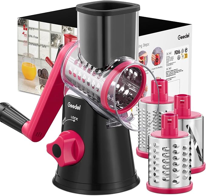 Geedel Rotary Cheese Grater Hand Crank, Cheese Shredder Vegetable Slicer | 3 Blades, 430 Stainless Steel, 12x Fast Cutting, Strong Suction Base, No BPA, Dishwasher Safe, for Cheese, Veggie, Nut