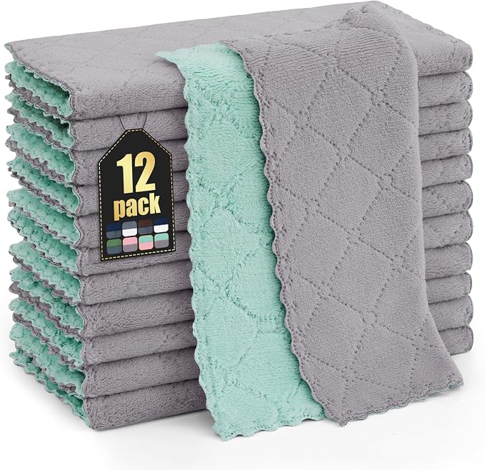 Homaxy 12 Pack Super Soft Dish Cloths, 10" x 10", Grey & Green | Coral Velvet, Nonstick Oil Fast Drying Microfiber Cleaning Cloth, No Lint Household Dishcloths