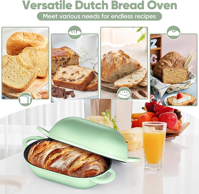 TeamFar Enameled Cast Iron Bread Loaf Pan, 2 QT Oval Dutch Oven with Lid | for Sourdough Bread Baking, Enameled Meatloaf Loaf Baking Pan with Lid, Even Heating & Self-Basting, Pistachio Green