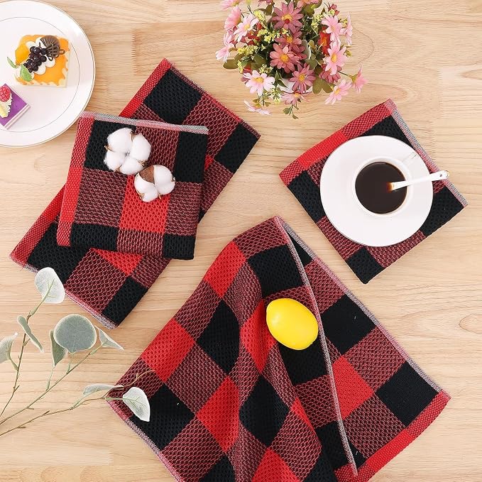 Homaxy Kitchen Towels and Dishcloths Set, Set of 12, Black & Red | Bulk Cotton Waffle Weave Check Plaid Kitchen Towels, Super Soft and Absorbent Dish Cloths, 12 x 12 and 13 x 28 Inches