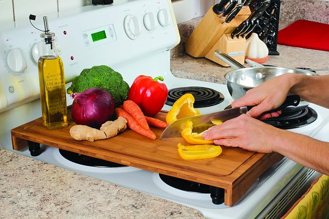 Camco Bamboo Stove Top Work Surface with Adjustable Legs & Built in Juice Groove - Covers Stove Top to Create Additional Kitchen Workspace - 2 Burner (43547)