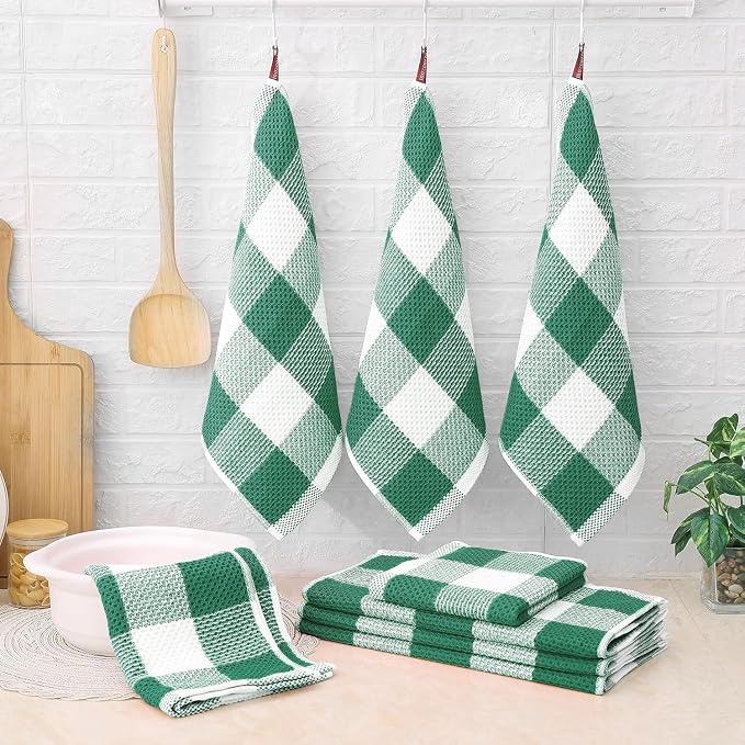Homaxy Kitchen Towels and Dishcloths Set, Set of 12, White & Dark Green | Bulk Cotton Waffle Weave Check Plaid Kitchen Towels, Super Soft and Absorbent Dish Cloths, 12 x 12 and 13 x 28 Inches
