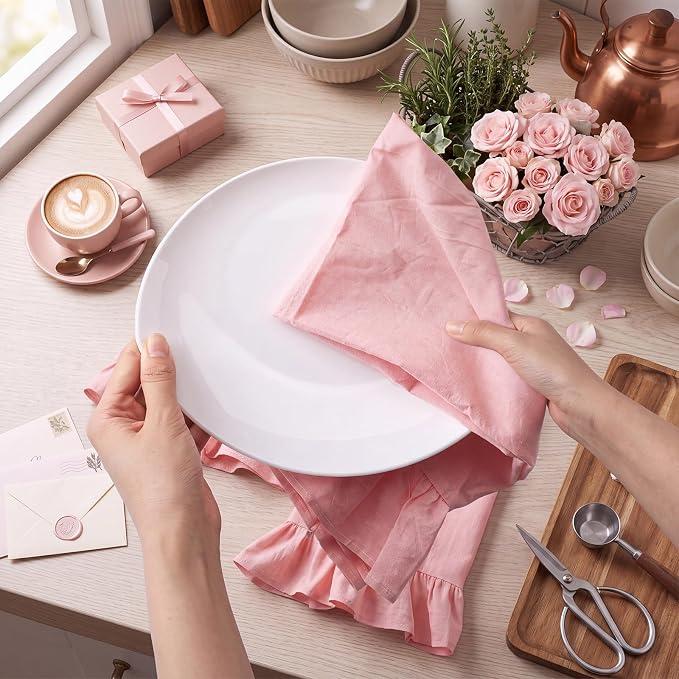 HunnmingRe Light Pink Kitchen Towels Set of 2, 100% Cotton Retro Ruffled Dish Towels 18"x28" Absorbent Tea Cloths for Farmhouse Charm, Drying Dishes, Entertaining Guests