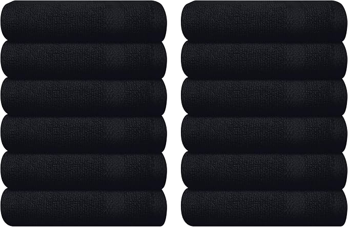 GLAMBURG Ultra Soft 12-Piece Washcloths Set 13x13-100% Ringspun Cotton - Durable & Highly Absorbent Face Towels - Ideal for use in Bathroom, Kitchen, Gym, Spa & General Cleaning - Black