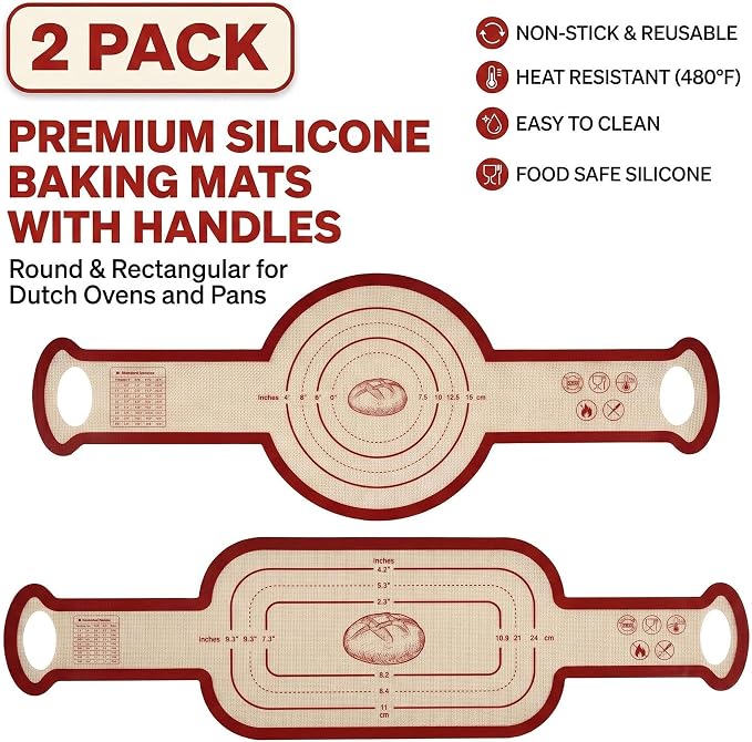 Silicone Bread Sling for Dutch Oven - Extra Long Handles, Non-Stick & Oven Safe Baking Mat, Reusable Dough Liner & Lifting Tool for Sourdough(2Pcs Oval+Round)